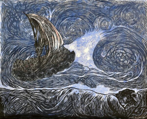 Travesía. Grabado en relieve, monotipia y collage. 2025